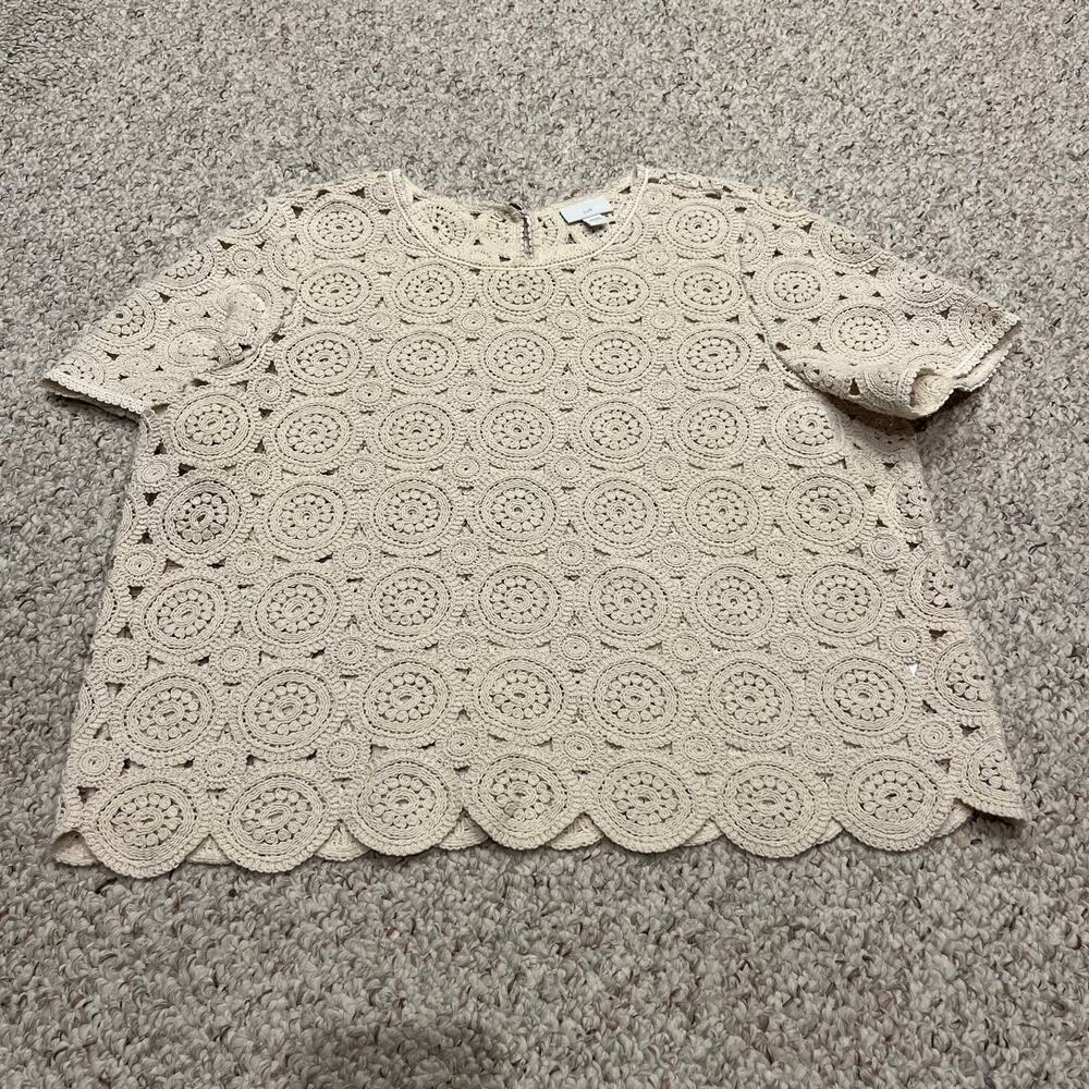 J Jill Crochet Cream Short Sleeve Blouse L Coastal Festival Feminine Casual